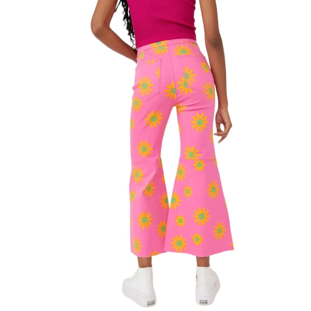 Free People Pink Floral Flare Jeans with Yellow Sunburst Print - Picture 10 of 13
